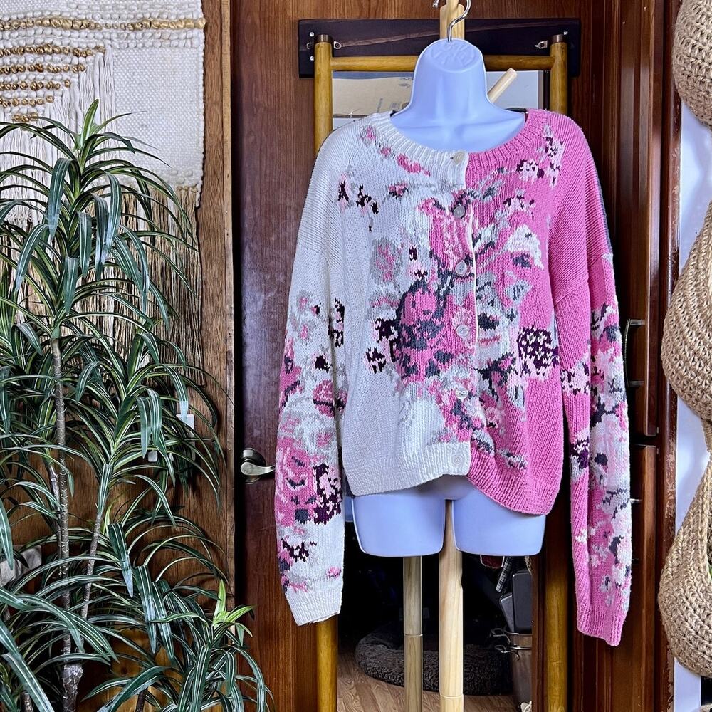 Vintage Paris Sport Club Cardigan Womens L Hand Knit Floral Ramie Cotton Sweater